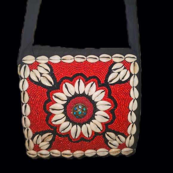 GHANA Handmade Cowrie Shell Red Beaded Canvas Handbag Vintage - Picture 1 of 5